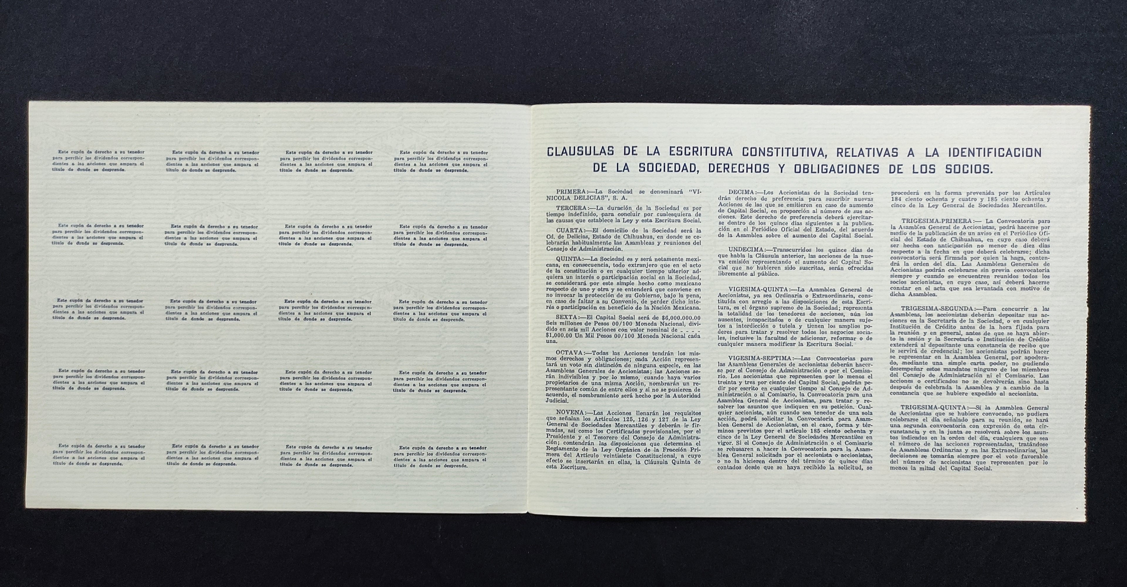 Acción / Título múltiple Vinícola Delicias, S.A. Ciudad Delicias, Chihuahua 1962