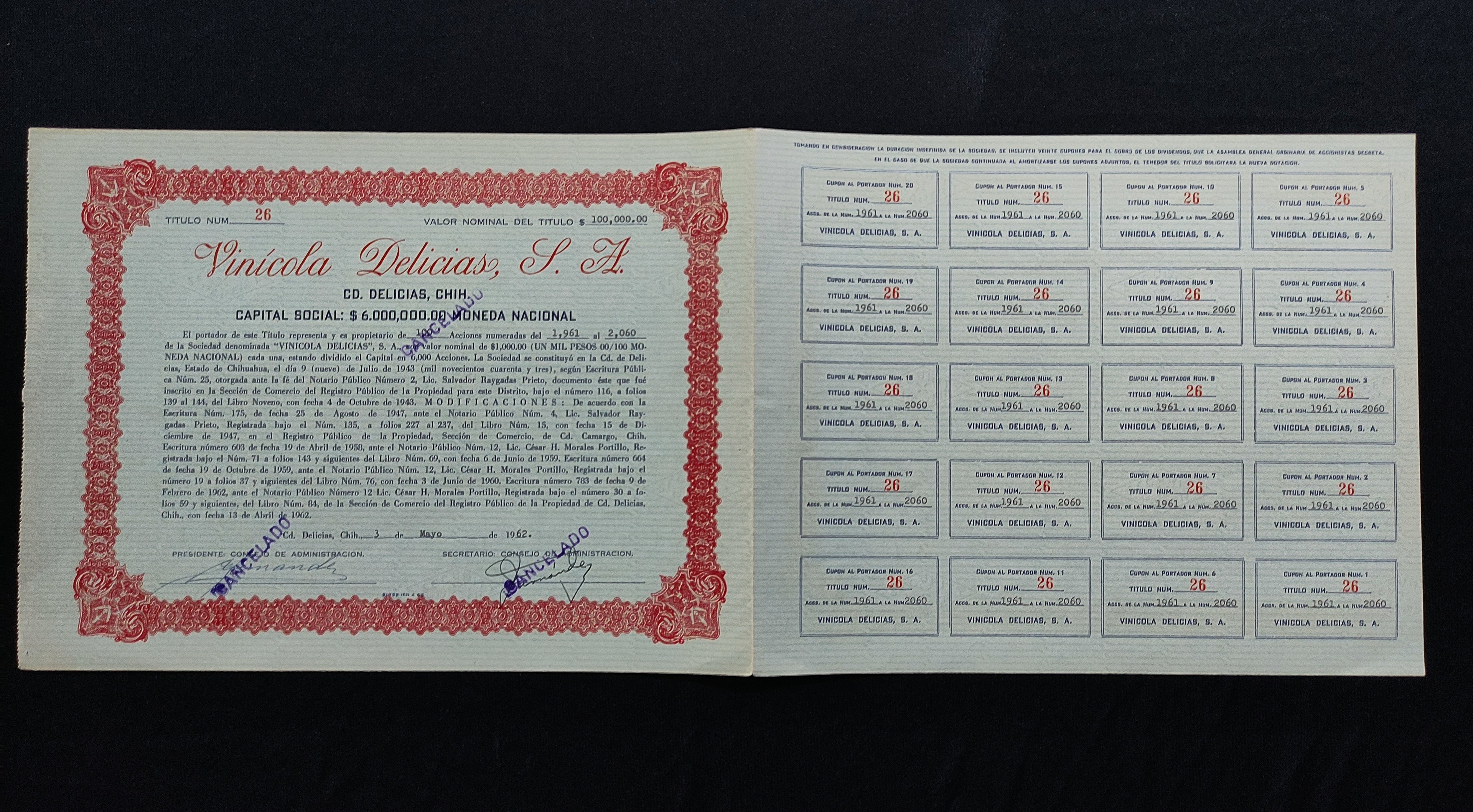 Acción / Título múltiple Vinícola Delicias, S.A. Ciudad Delicias, Chihuahua 1962