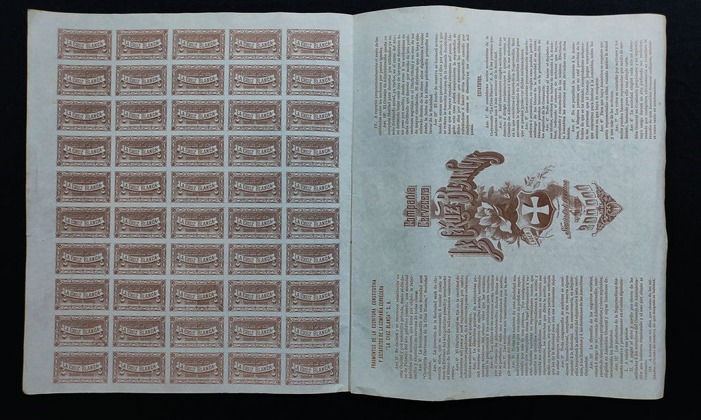 Acción Compañía Cervecera "La Cruz Blanca", S.A. Ciudad de México 1896