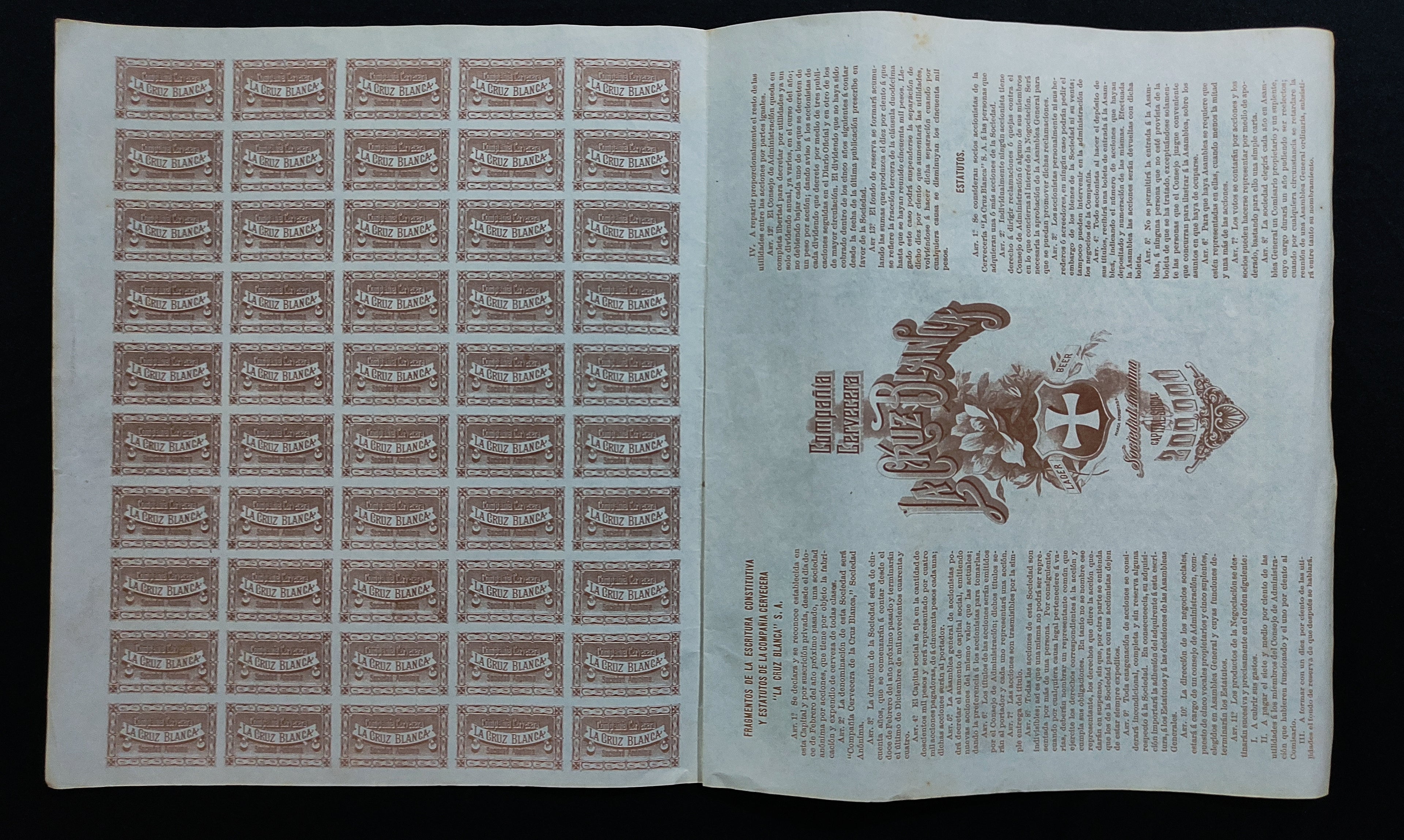 Acción Compañía Cervecera "La Cruz Blanca", S.A. Ciudad de México 1896