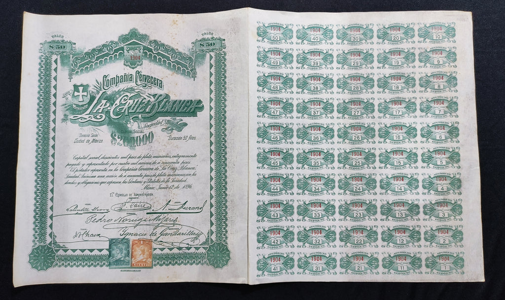 Acción Compañía Cervecera "La Cruz Blanca", S.A. Ciudad de México 1896