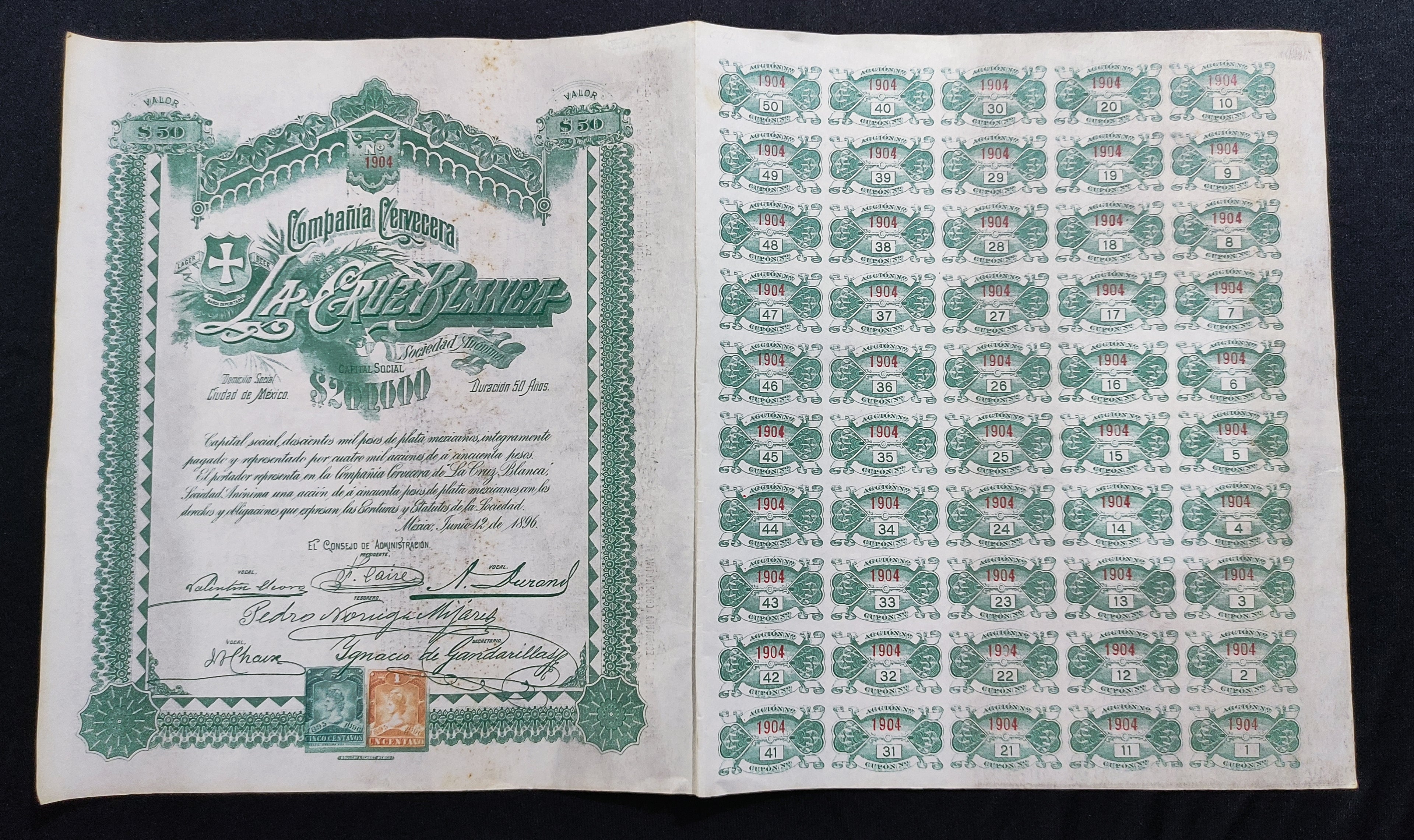 Acción Compañía Cervecera "La Cruz Blanca", S.A. Ciudad de México 1896