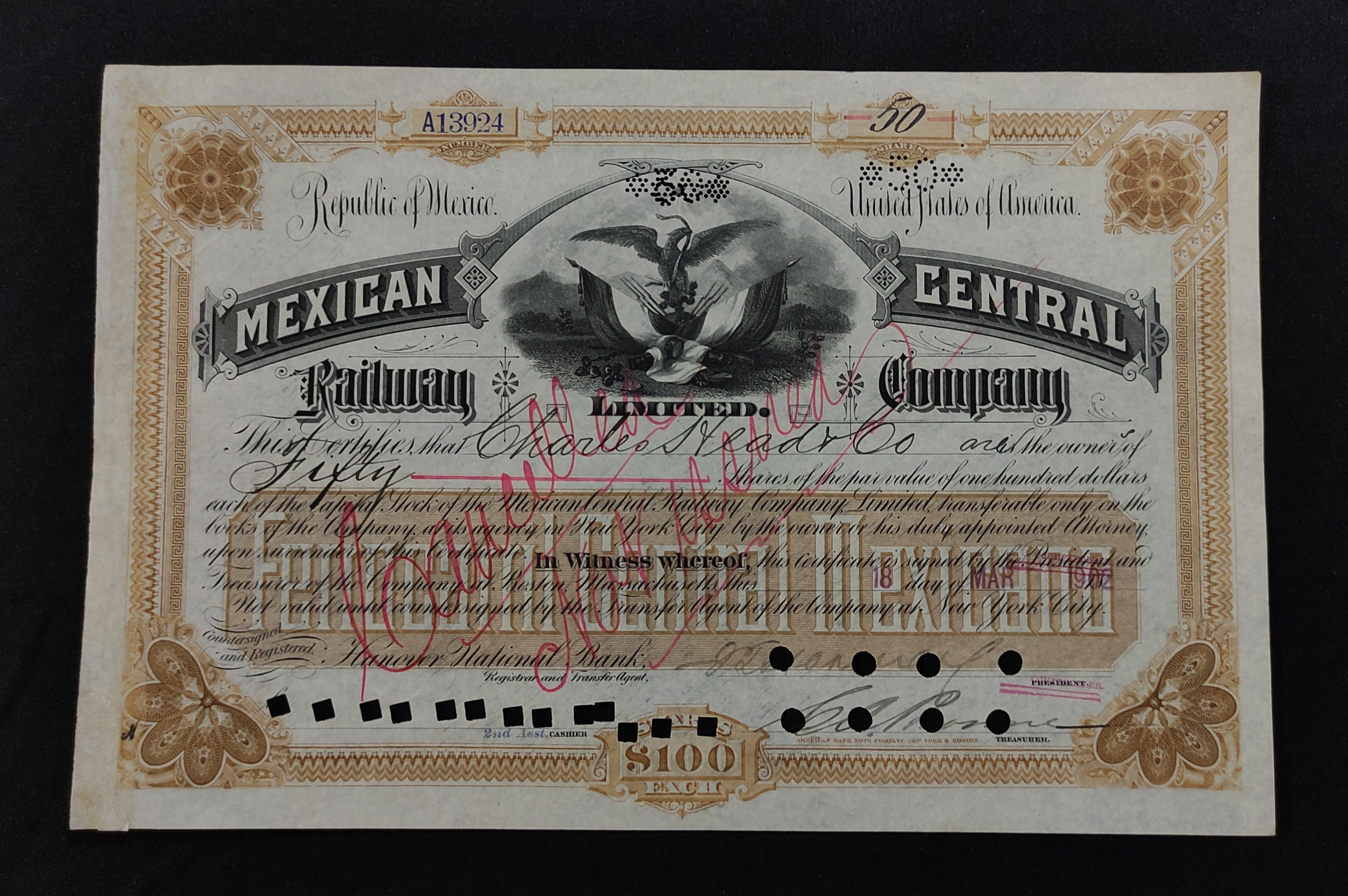 Acción Mexican Central Railway Company Limited Boston, Massachusetts 1902
