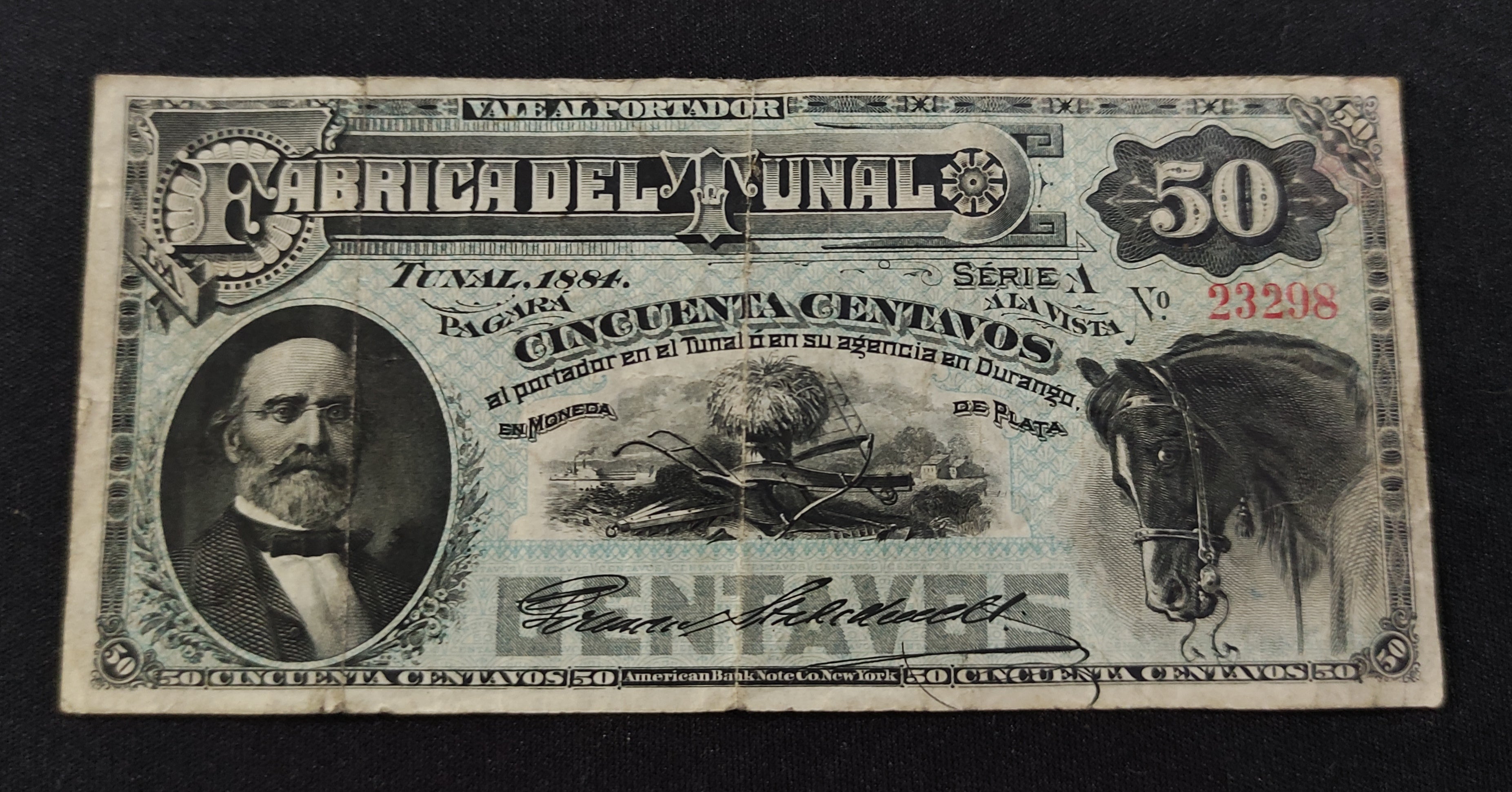 Vale al portador Fábrica del Tunal 50 Centavos El Tunal, Durango 1884