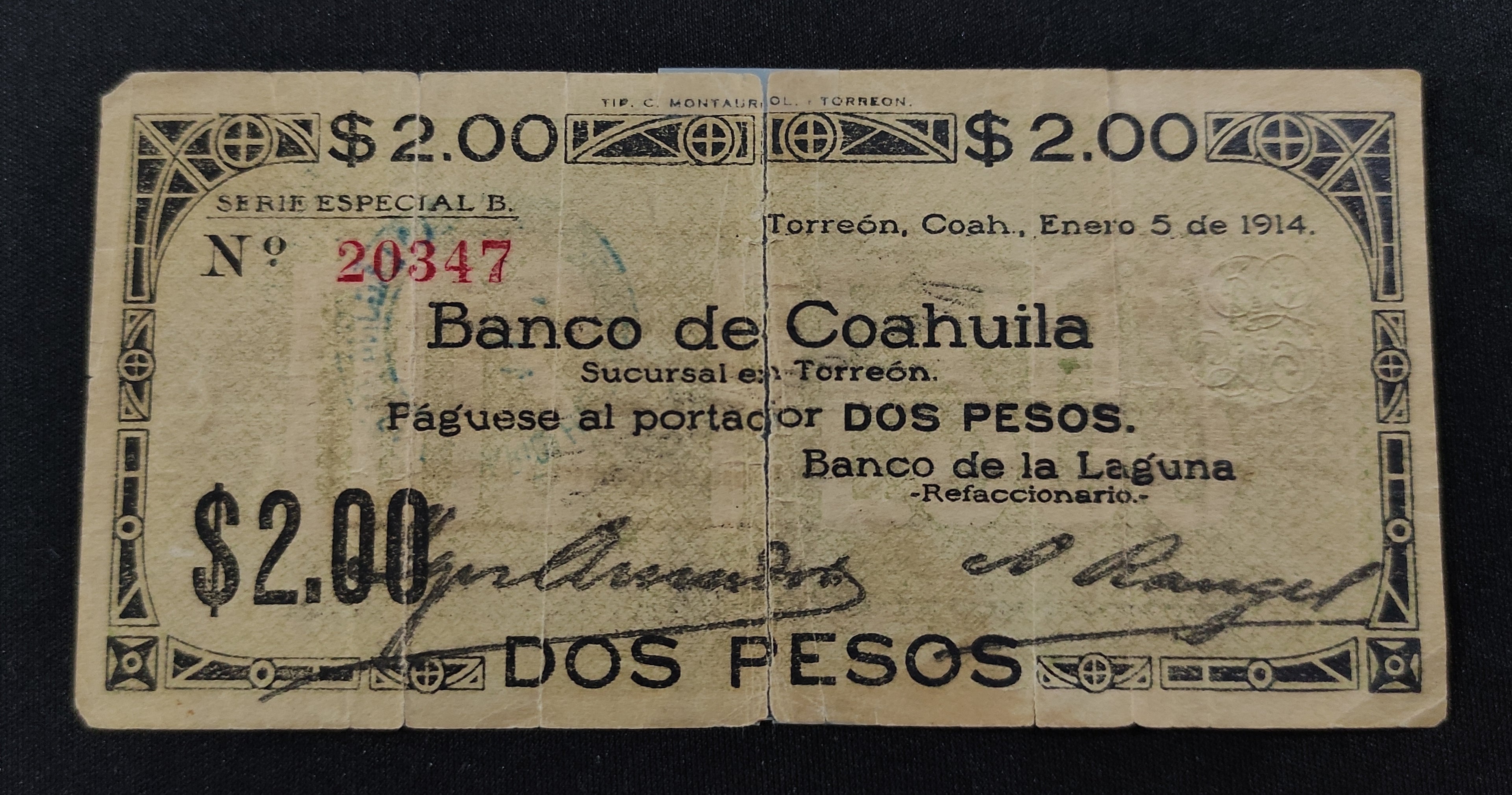 Billete / Cheque Banco de Coahuila Torreón, Coahuila 1914