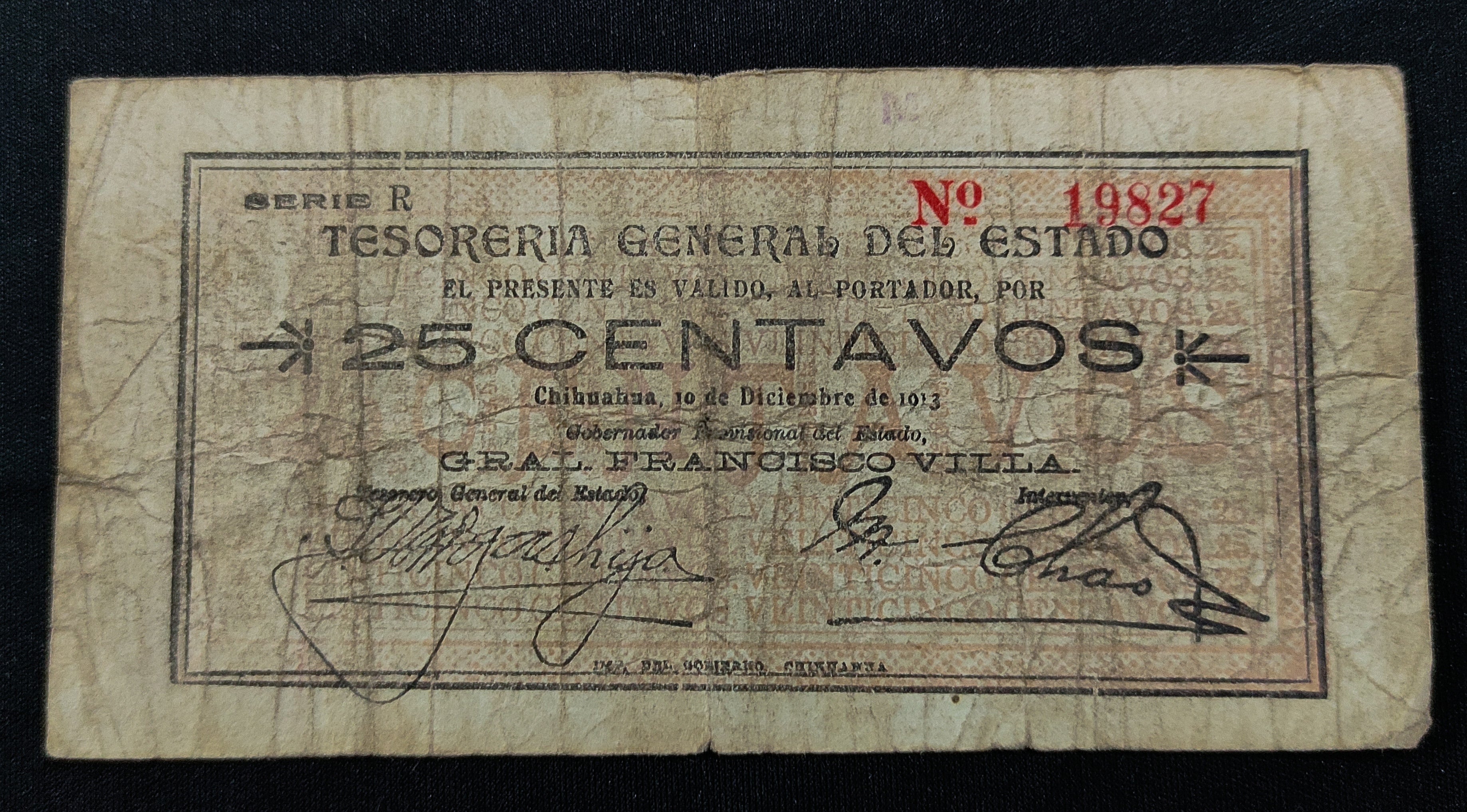 Billete Tesorería General del Estado Chihuahua 25 Centavos