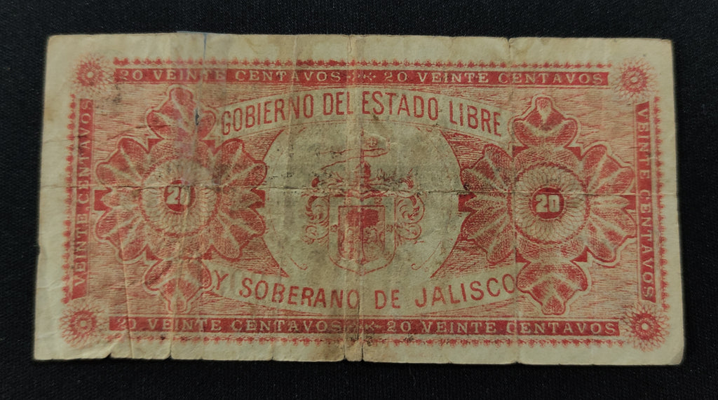 Billete Dirección Gral. de Rentas del Estado Jalisco Veinte Centavos Guadalajara 1915
