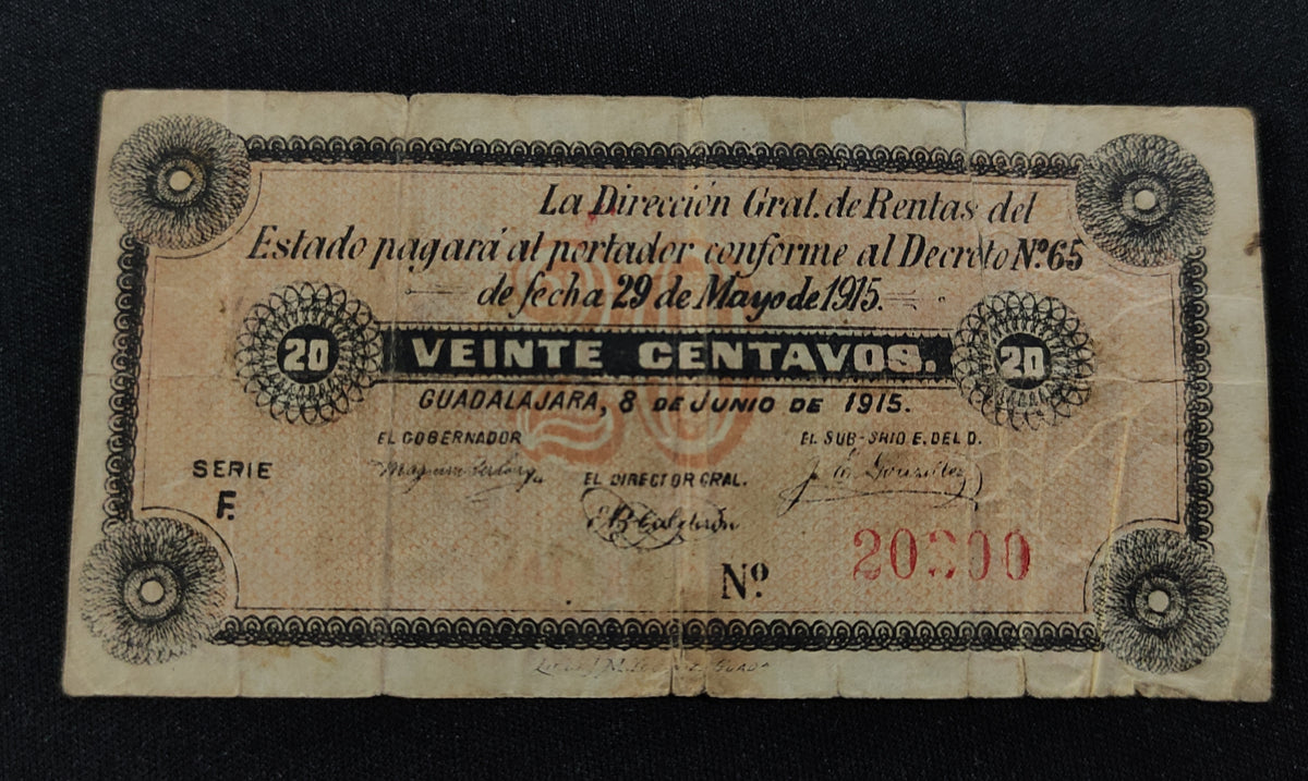 Billete Dirección Gral. de Rentas del Estado Jalisco Veinte Centavos Guadalajara 1915
