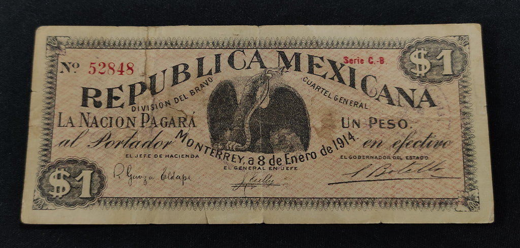 Billete República Mexicana Un Peso Monterrey 1914