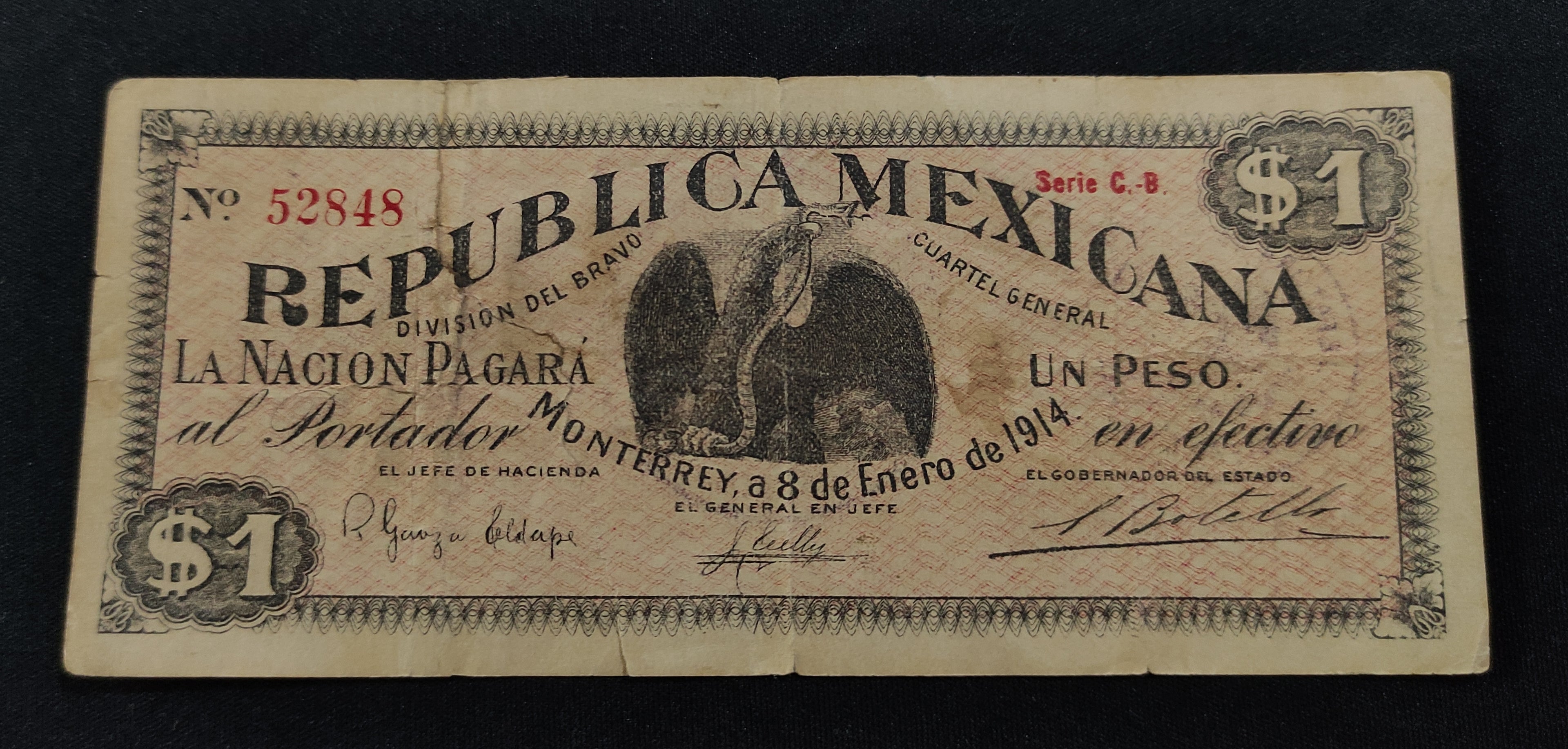 Billete República Mexicana Un Peso Monterrey 1914