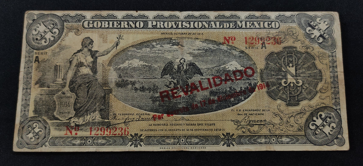 Billete Gobierno Provisional de México Un Peso Resellado Revalidado 1914