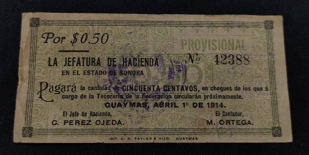 Billete Antiguo 50 Centavos 1914 Jefatura de Hacienda Sonora Guaymas - Papel Moneda Histórico