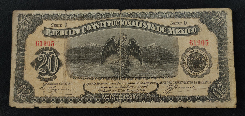 Billete Ejército Constitucionalista de México 20 Pesos Chihuahua 1914