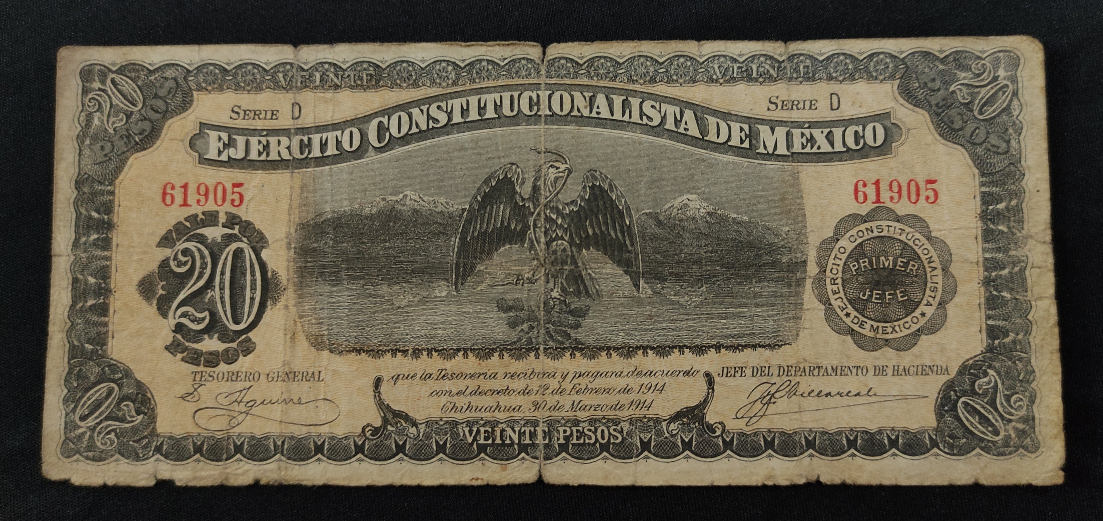 Billete Ejército Constitucionalista de México 20 Pesos Chihuahua 1914