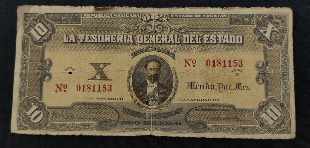 Billete La Tesorería General del Estado Yucatán 10 Pesos Mérida 1914