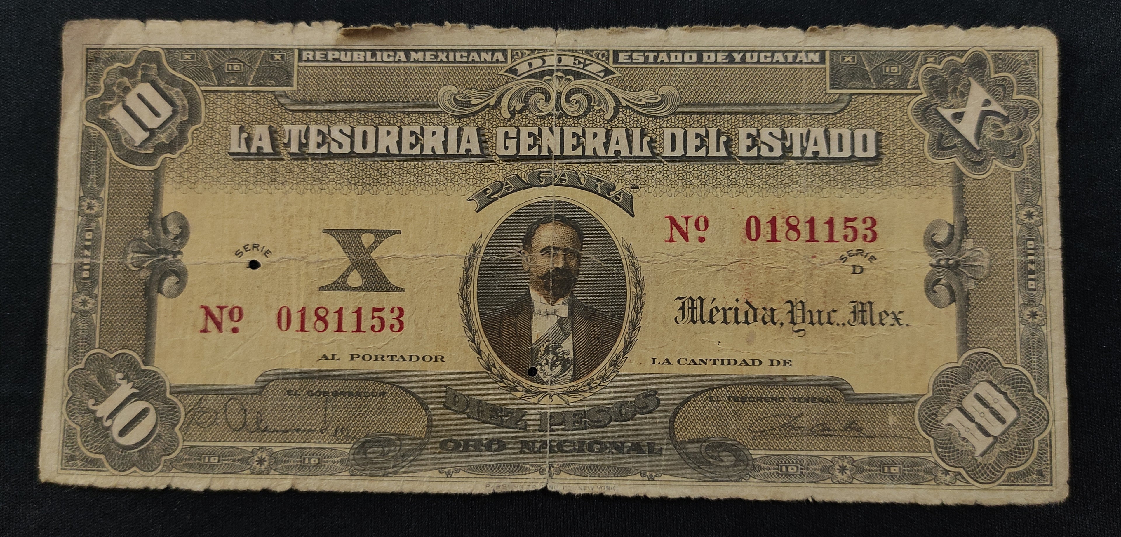 Billete La Tesorería General del Estado Yucatán 10 Pesos Mérida 1914