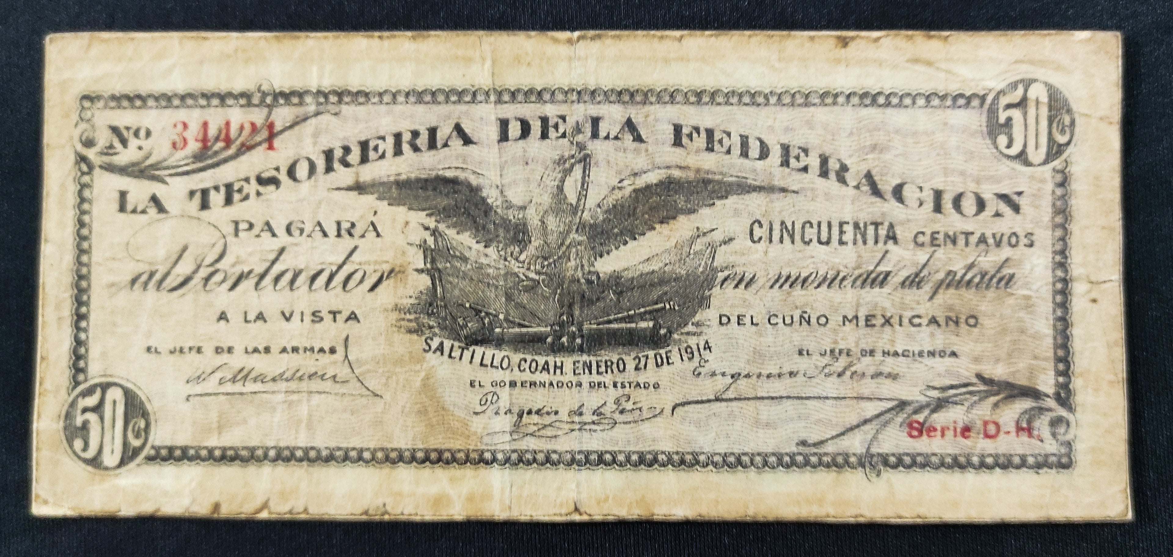 Billete La Tesorería de la Federación 50 Centavos Saltillo 1914