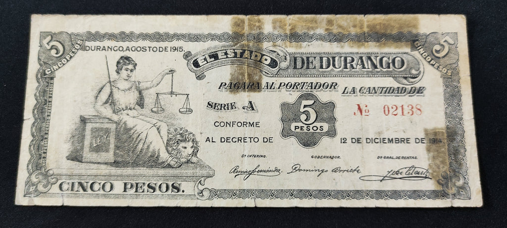 Billete El Estado de Durango 5 Pesos Durango 1915