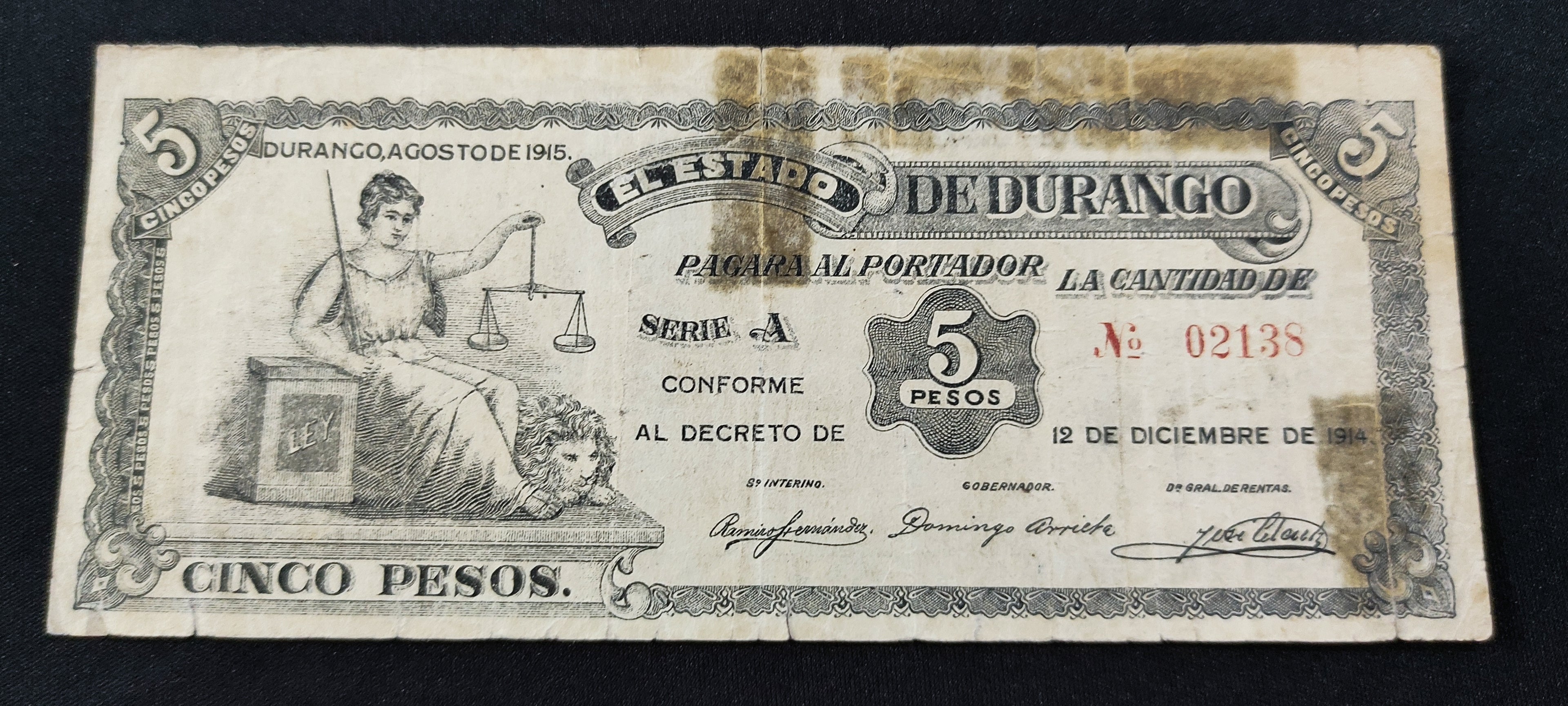 Billete El Estado de Durango 5 Pesos Durango 1915