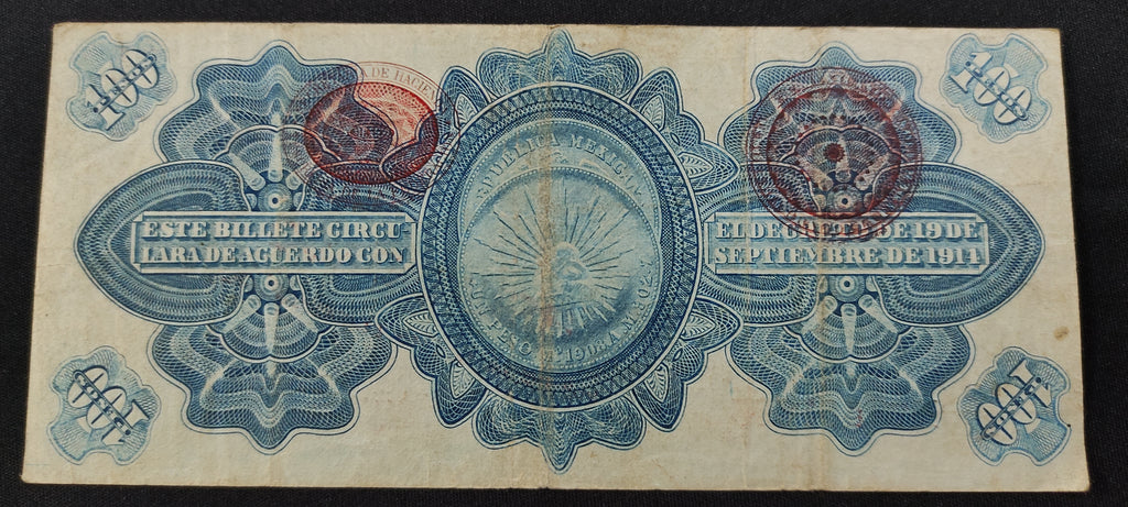 Billete Gobierno Provisional de México 100 Pesos Resellado Revalidado 1914
