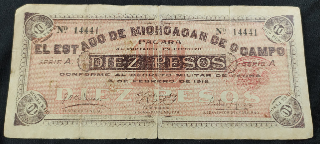 Billete El Estado de Michoacán de Ocampo 10 Pesos 1915