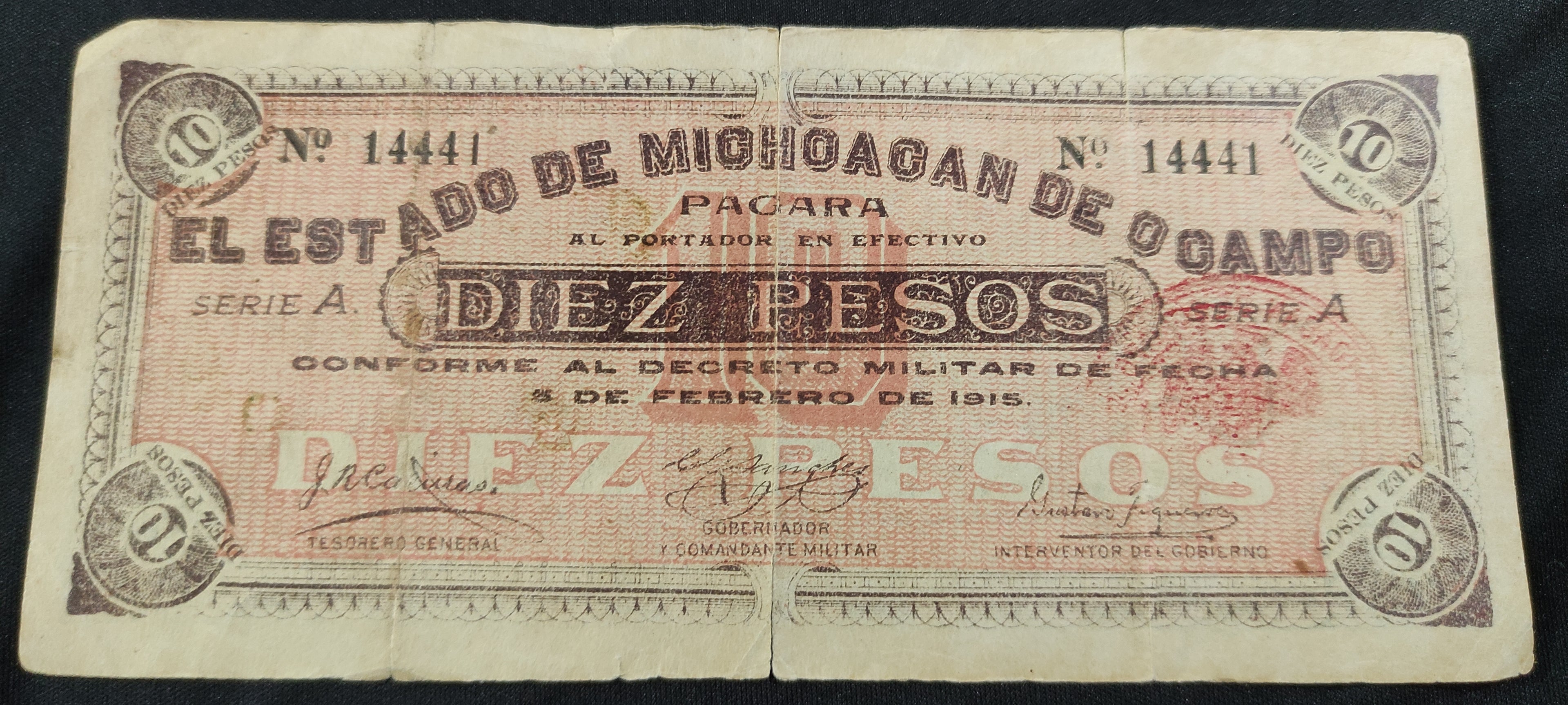 Billete El Estado de Michoacán de Ocampo 10 Pesos 1915