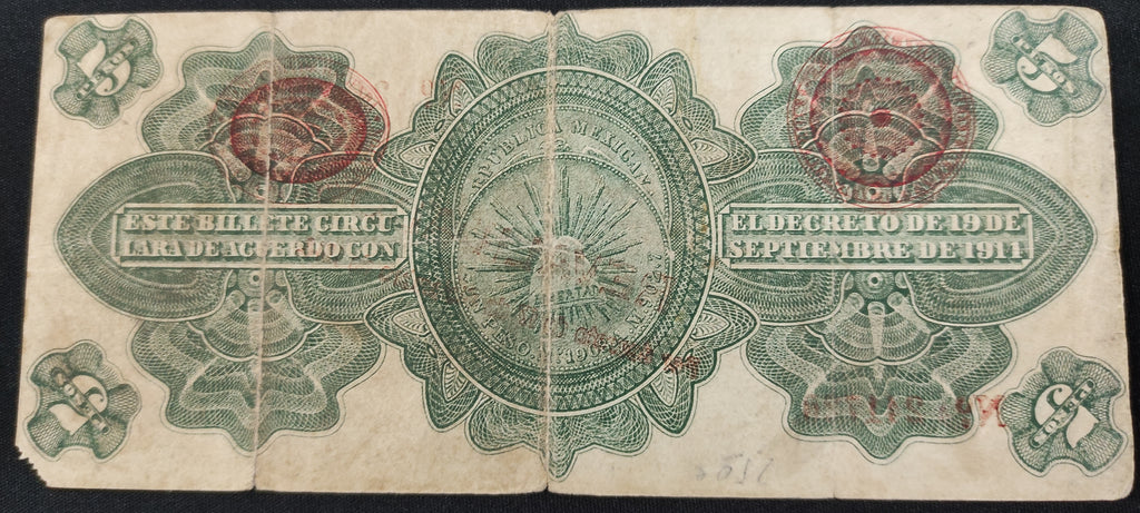 Billete Gobierno Provisional de México 5 Pesos Resellado Revalidado 1914