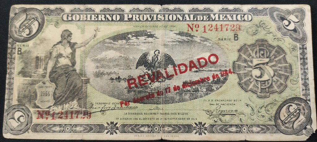 Billete Gobierno Provisional de México 5 Pesos Resellado Revalidado 1914