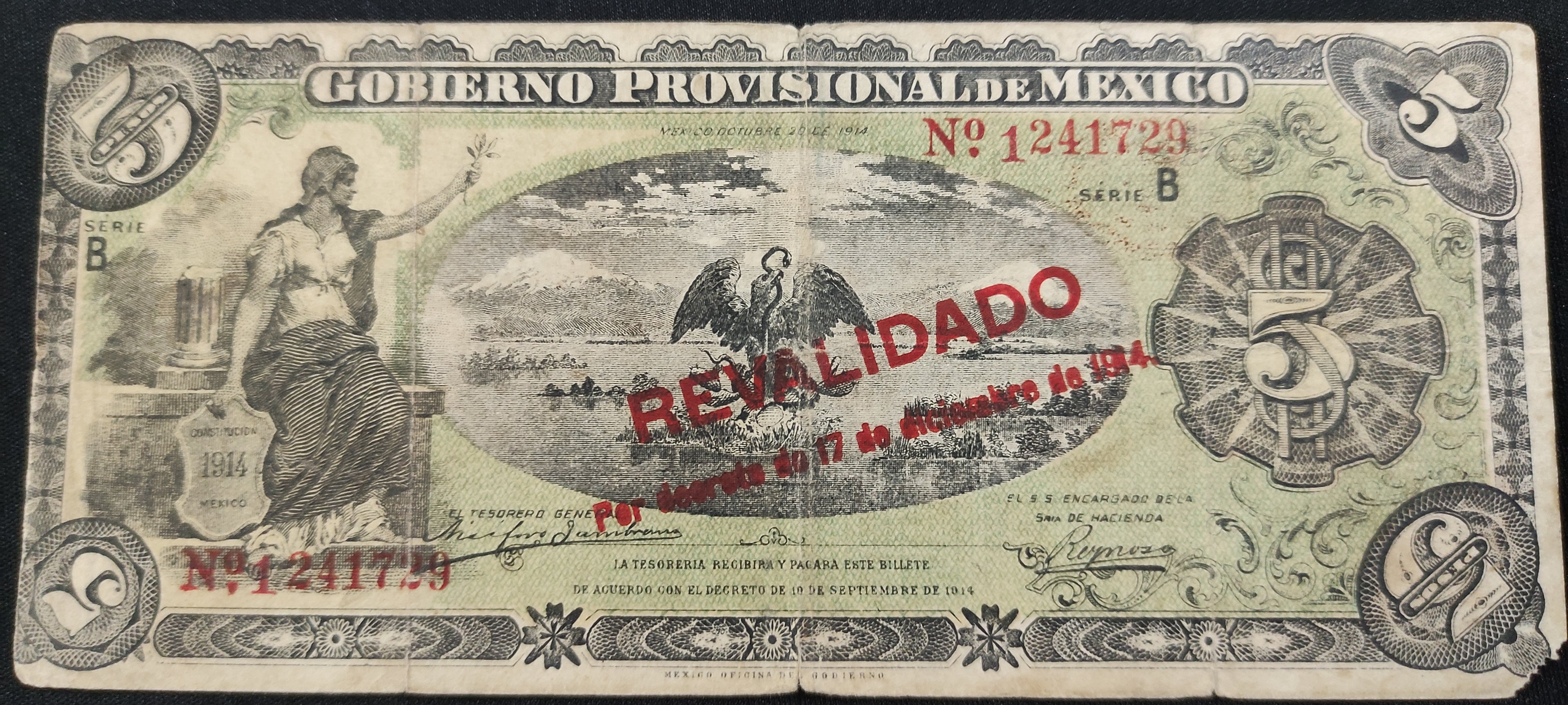 Billete Gobierno Provisional de México 5 Pesos Resellado Revalidado 1914