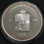 Moneda 10 Pesos Plata Estado de Tabasco Año 2004 1 oz Proof Escaso