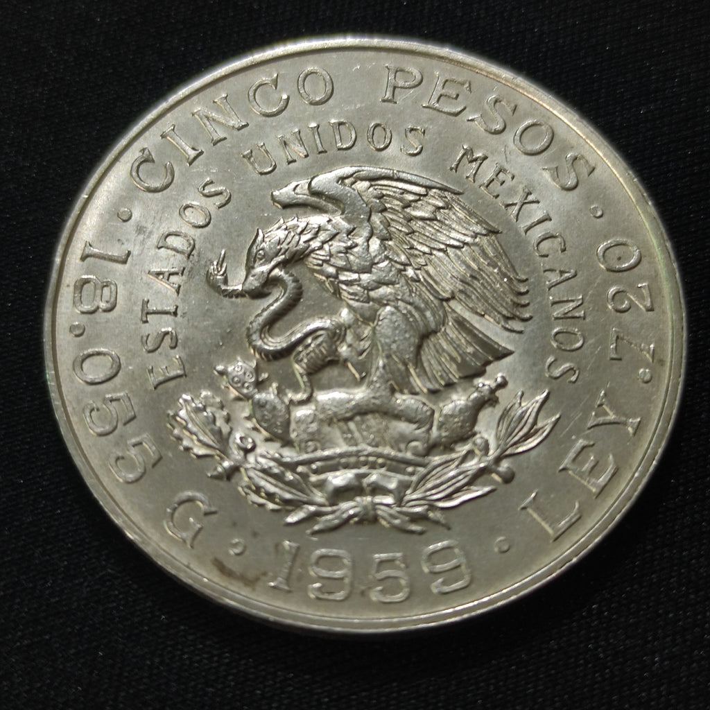 Moneda 5 Pesos Plata Ley .720 Venustiano Carranza Año 1959 México