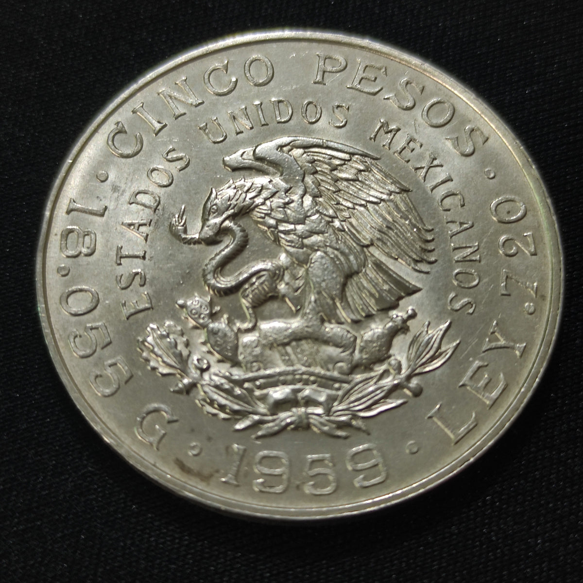 Moneda 5 Pesos Plata Ley .720 Venustiano Carranza Año 1959 México