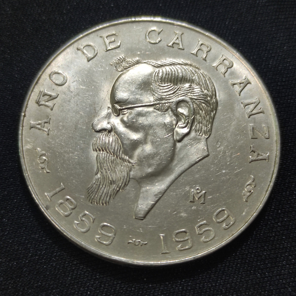 Moneda 5 Pesos Plata Ley .720 Venustiano Carranza Año 1959 México