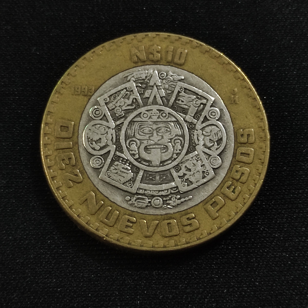 Moneda 10 Nuevos Pesos N$10 Centro de Plata Piedra del Sol Año 1993
