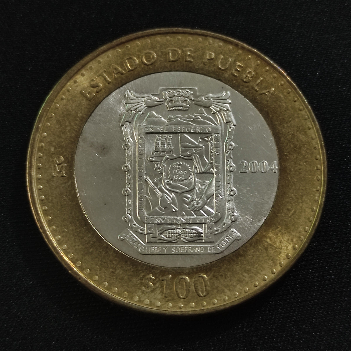 Moneda 100 Pesos Bimetálica Plata Estado de Puebla 2004 1a Fase