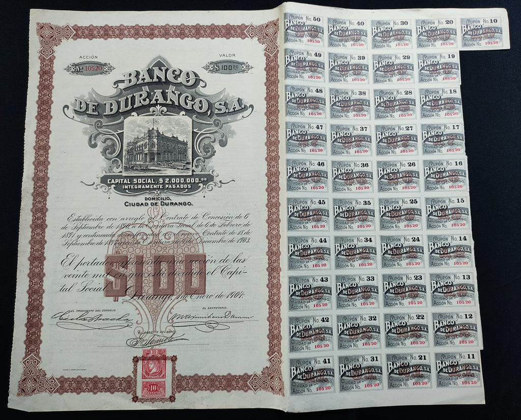 Acción Antigua del Banco de Durango, S.A. – 100 Pesos año 1904