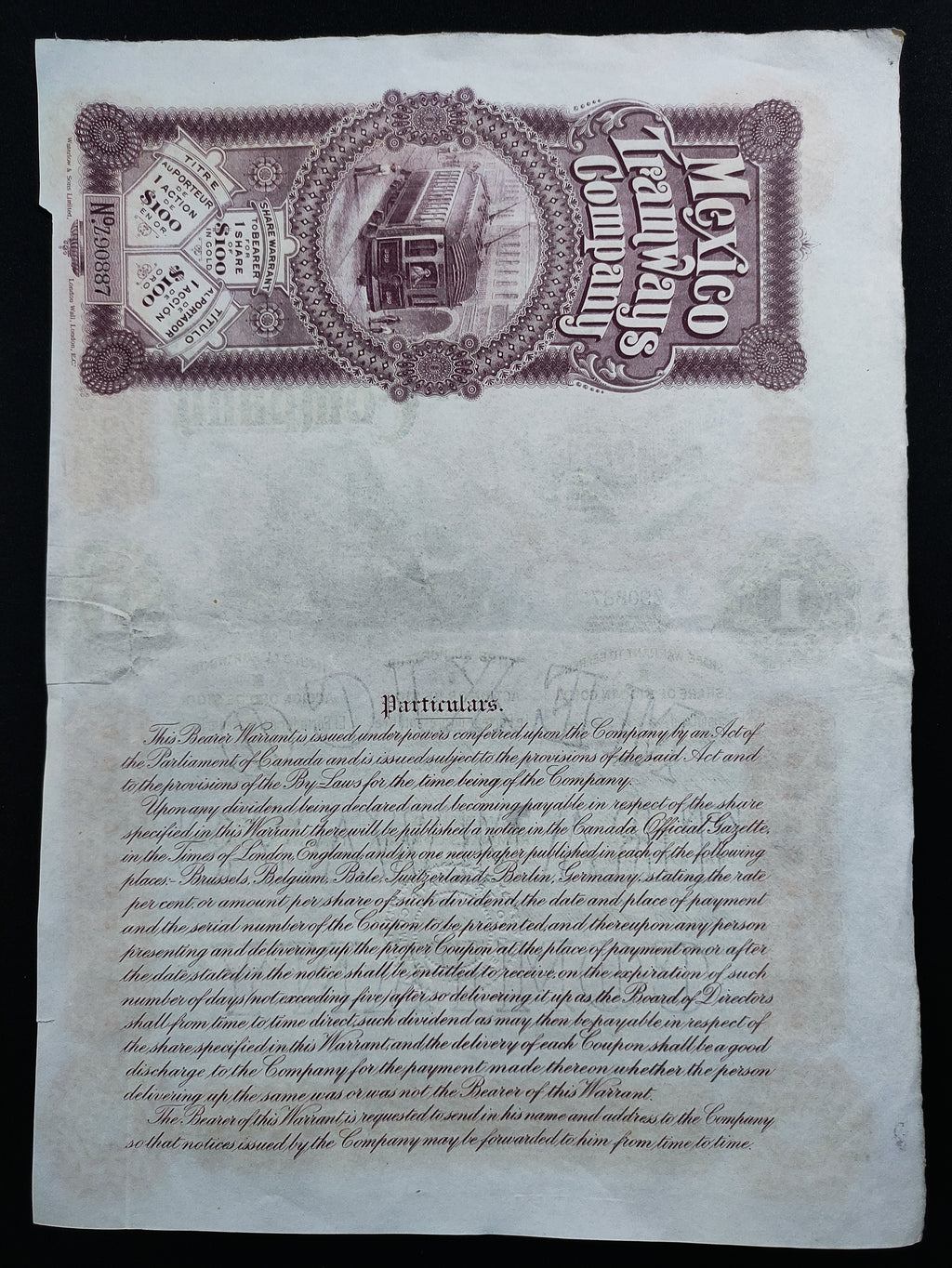 Acción Antigua de la Mexico Tramways Company – 100 Dólares Oro año 1916