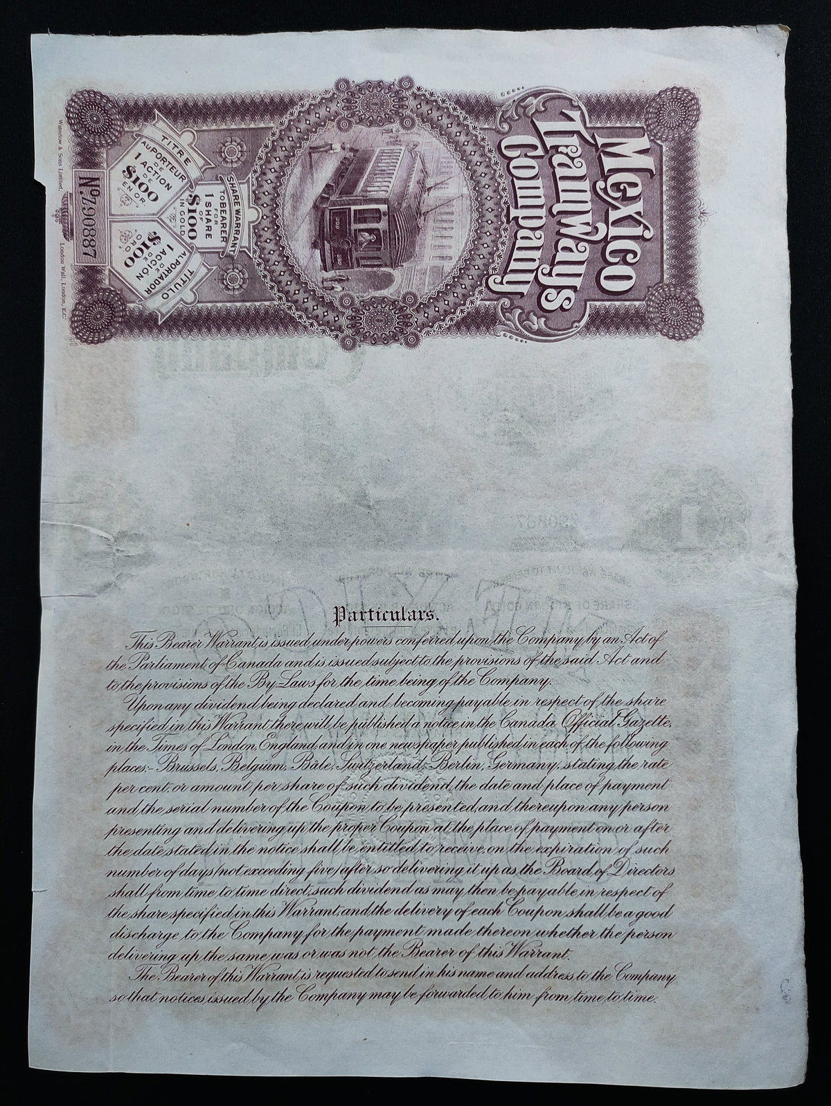 Acción Antigua de la Mexico Tramways Company – 100 Dólares Oro año 1916