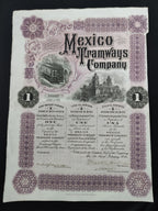 Acción Antigua de la Mexico Tramways Company – 100 Dólares Oro año 1916