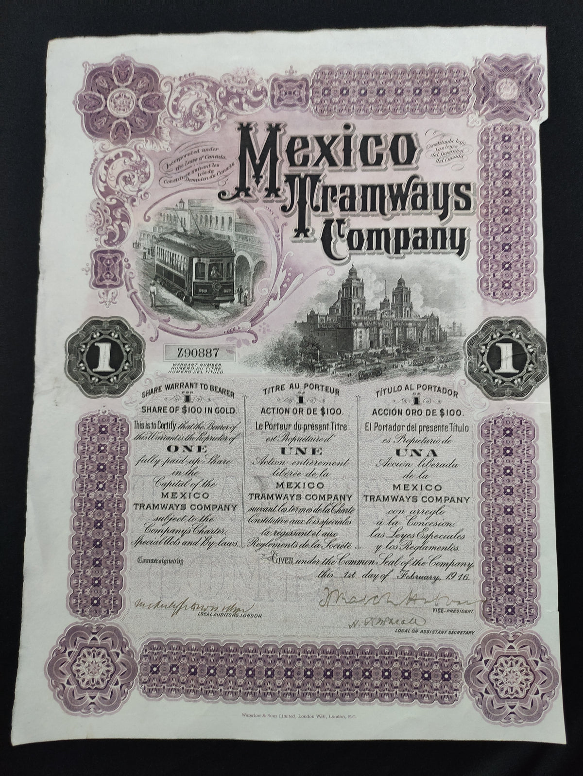 Acción Antigua de la Mexico Tramways Company – 100 Dólares Oro año 1916
