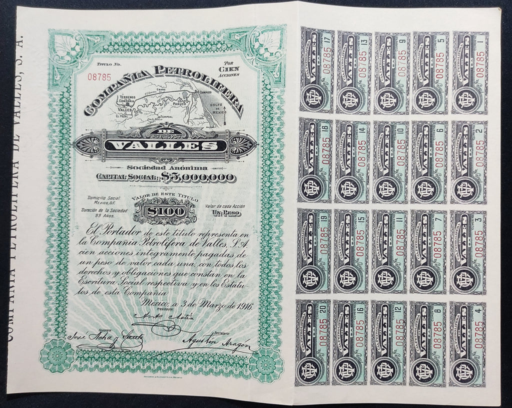 Acción Antigua de la Compañía Petrolifera de Valles, S.A.  año 1916