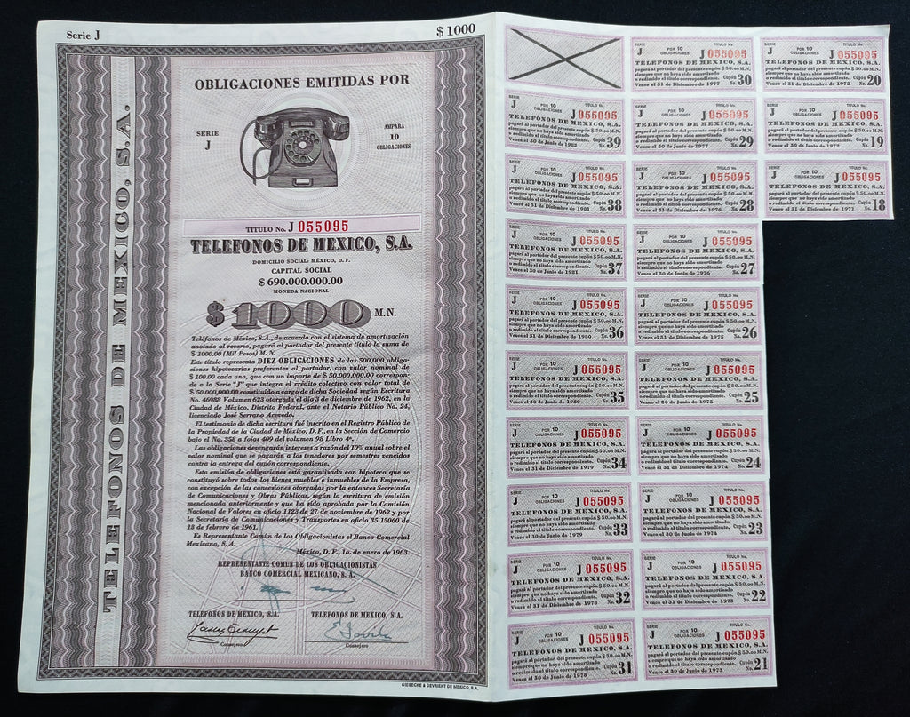 Título Antiguo de Teléfonos de México, S.A. (Telmex) – 1000 Pesos año 1963