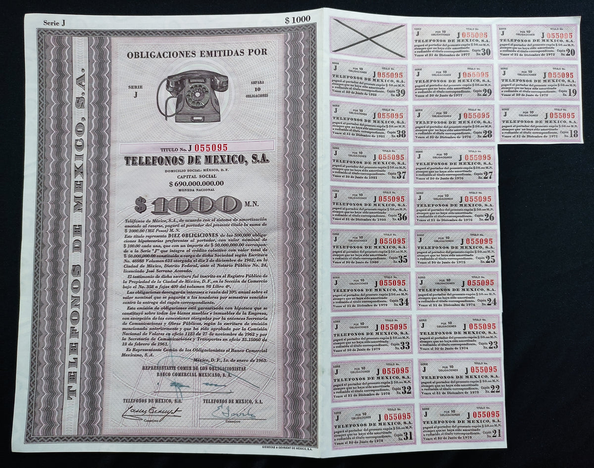 Título Antiguo de Teléfonos de México, S.A. (Telmex) – 1000 Pesos año 1963