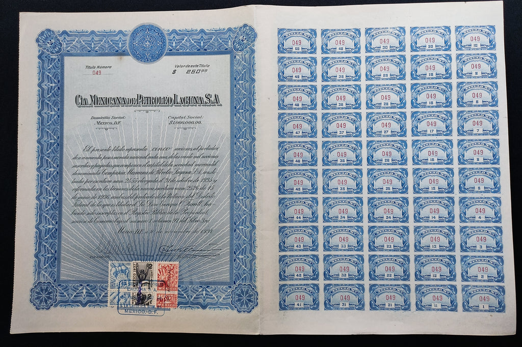 Acción Antigua de la Cía. Mexicana de Petróleo Laguna, S.A. año 1937