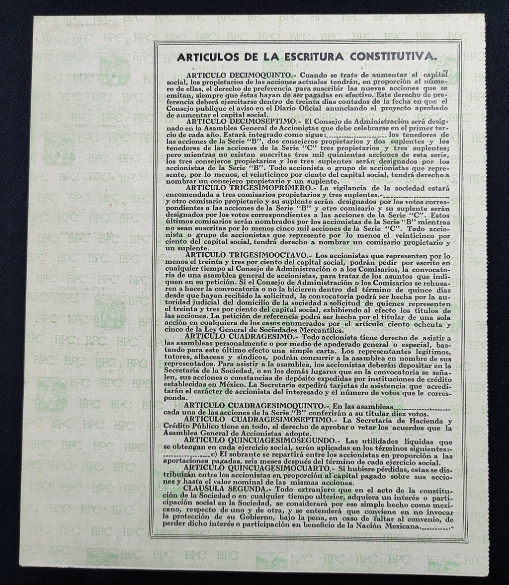Acción Antigua del Banco del Pequeño Comercio del Distrito Federal, S.A. de C.V. año 1943