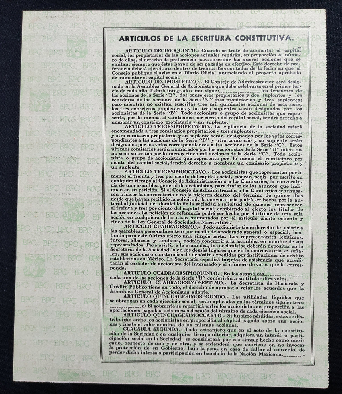 Acción Antigua del Banco del Pequeño Comercio del Distrito Federal, S.A. de C.V. año 1943