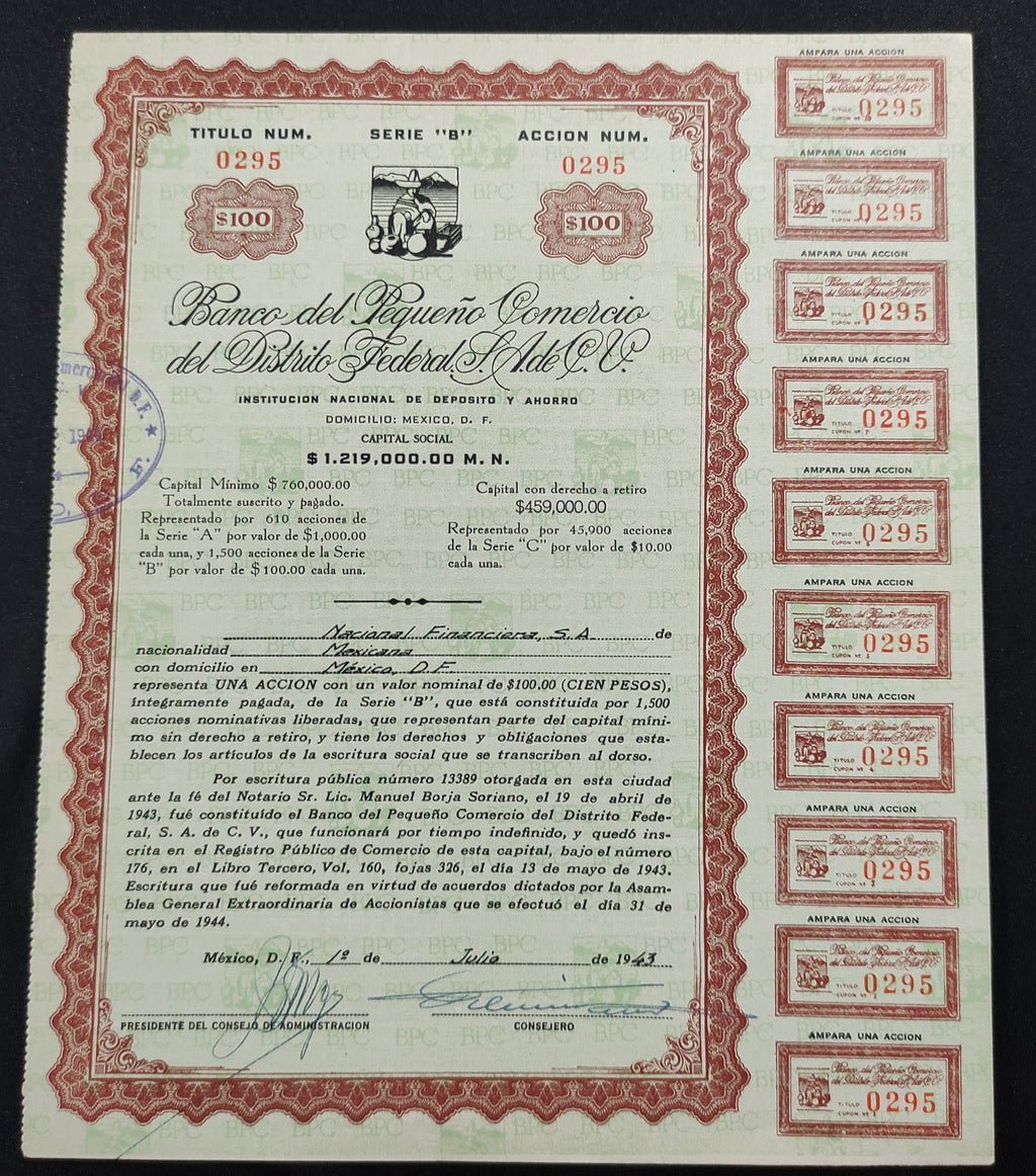 Acción Antigua del Banco del Pequeño Comercio del Distrito Federal, S.A. de C.V. año 1943