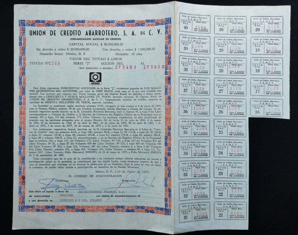 Acción Antigua de la Unión de Crédito Abarrotero año 1982