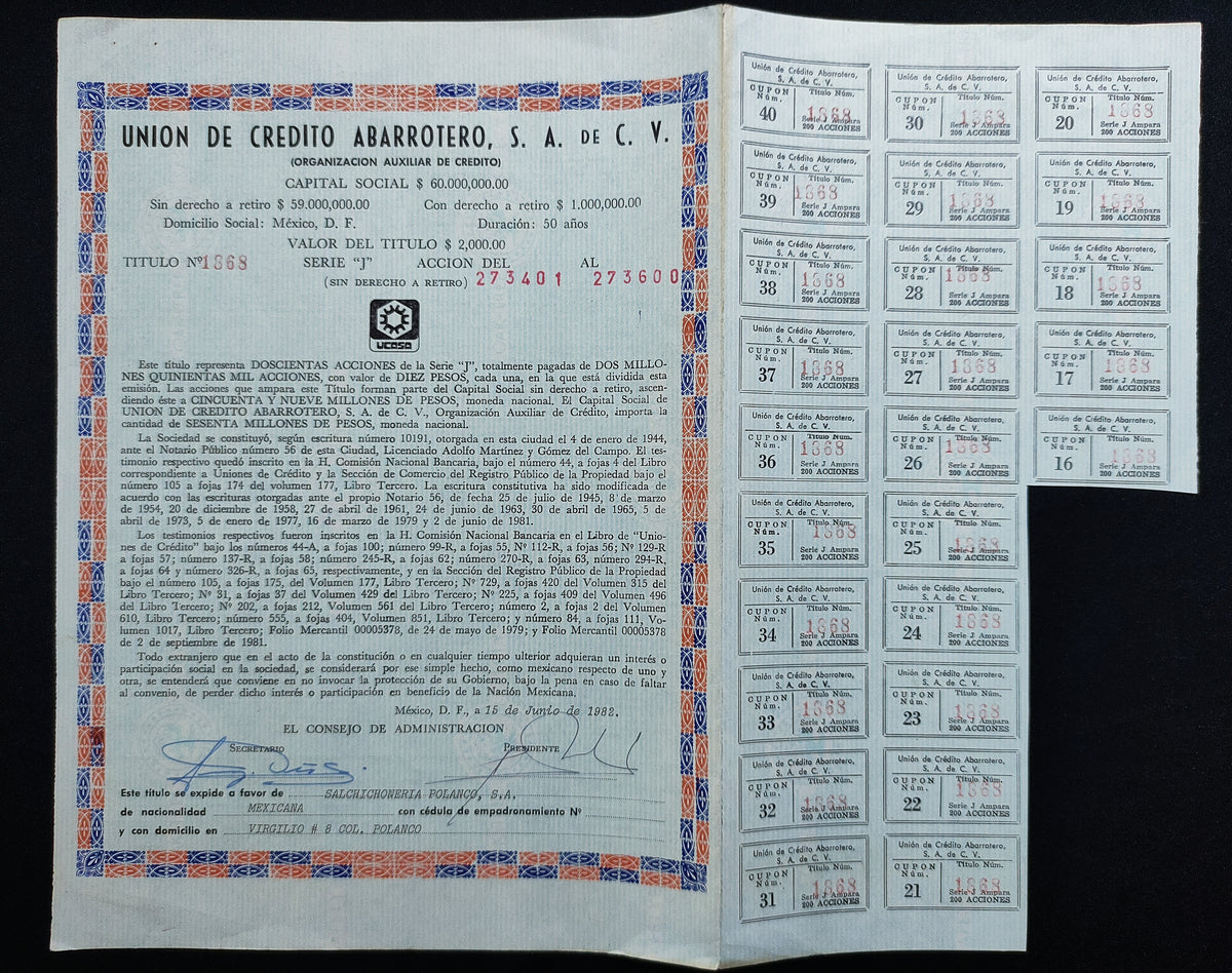 Acción Antigua de la Unión de Crédito Abarrotero año 1982