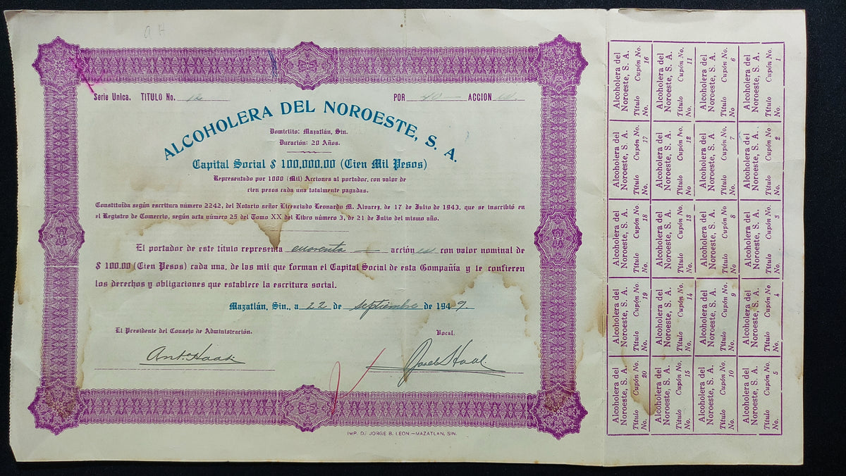 Acción Antigua de la Alcoholera del Noroeste Mazatlan, Sinaloa año 1949